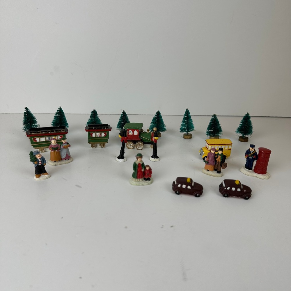 Vintage Christmas Village Miniature Set Train Trees People Ceramic Holiday Decor